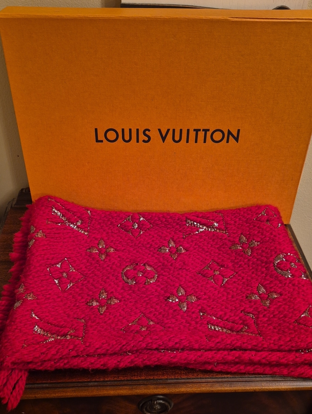 Louis Vuitton Red  Monogram Wool Scarf with Metallic Accents